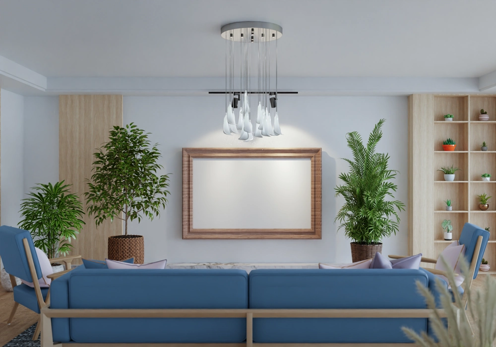 Salon z niebieską sofą, roślinami i designerskim oświetleniem sufitowym, Oświetlenie